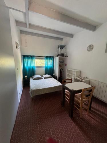 a small bedroom with two beds and a table at Le Souffle des Cévennes in Saint-Étienne-Vallée-Française