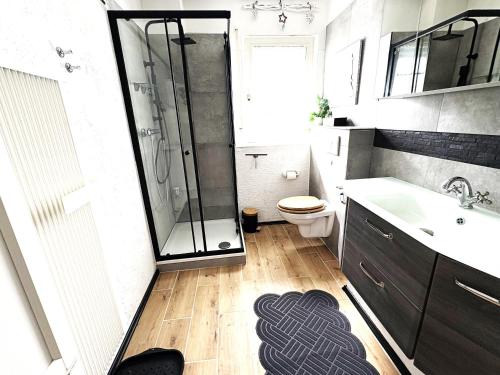 a bathroom with a shower and a toilet and a sink at Ostseeliebe in Grömitz