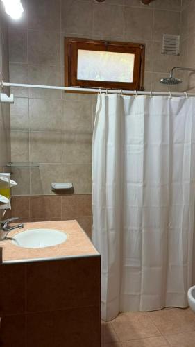 a bathroom with a sink and a shower curtain at Complejo Don Antonio in San Agustín de Valle Fértil
