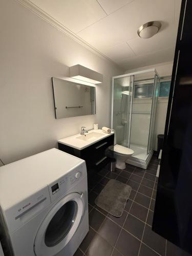 a bathroom with a washing machine and a sink at Cozy apartment with two bedrooms in Tromsø