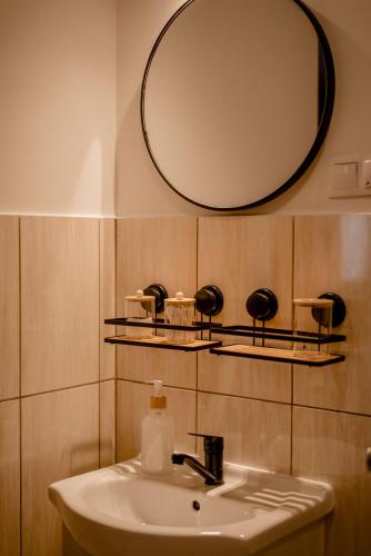 a bathroom with a sink and a mirror on the wall at Nad Andruszkowianką in Andruszkowice