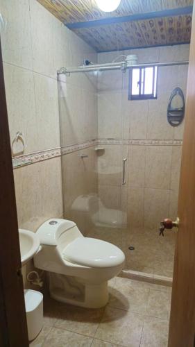 a bathroom with a toilet and a shower and a sink at Natural country house in Guarne