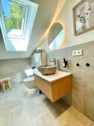 ein Badezimmer mit Waschbecken, Toilette und Dachfenster in der Unterkunft Quartier 27- modern Apartment with Balcony & free parking in Tulfes