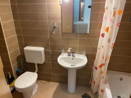 a bathroom with a sink and a toilet and a mirror at Apartmani Minna Alim in Utjeha