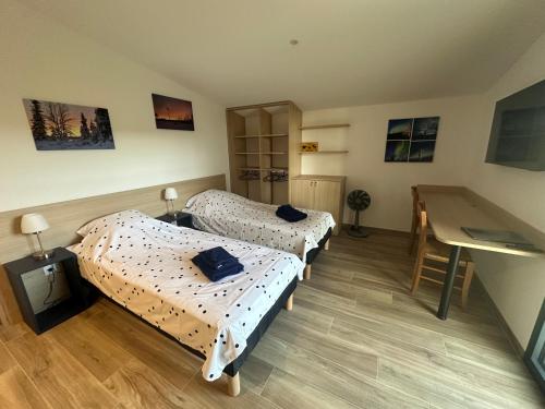 a small room with two beds and a desk at Appartement SUOMI in Saint-Sorlin-en-Bugey