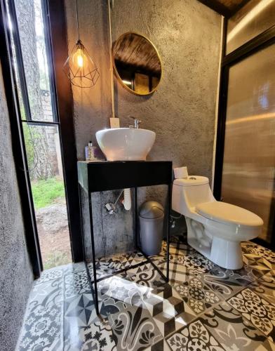 a bathroom with a sink and a toilet at Cabañas Bosque Antiguo in Tapalpa