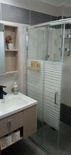 a bathroom with a glass shower and a sink at THALASSA - 2 Bedroom seaside appartment in Polychrono