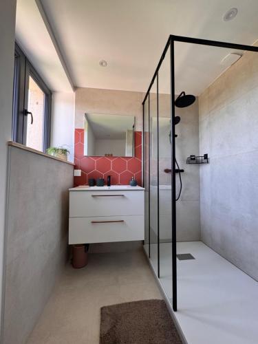 a bathroom with a sink and a shower at Gîte la Tinou in Saint-Nabord
