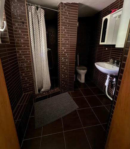 a bathroom with a shower and a sink and a toilet at Mancs&Buborék Kutyabarát Vendégház in Komló