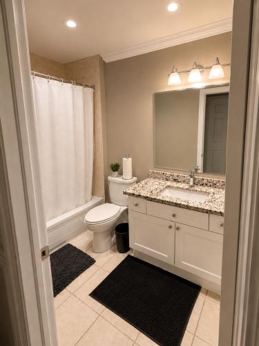 a bathroom with a toilet and a sink and a mirror at The Quiet Nest in Mississauga