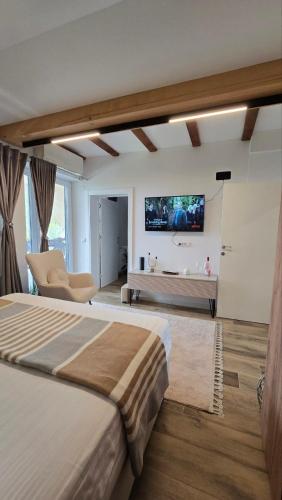 a bedroom with a bed and a tv on the wall at Nebeska Terasa in Knić