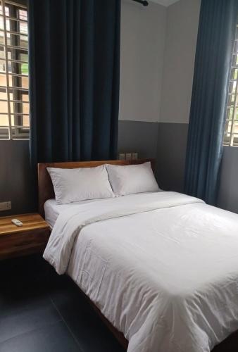 a bedroom with a large white bed with blue curtains at The Crest at Oyarifa in Oyarifa