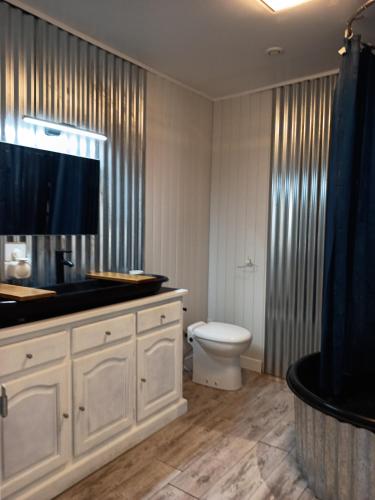 a bathroom with a toilet and a sink and a tub at Les Marronniers Roses in Châteaulin