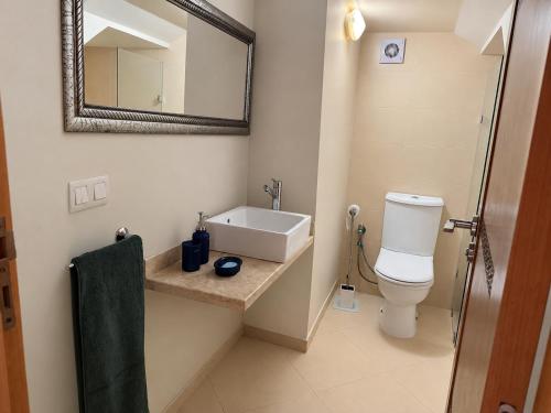 a bathroom with a sink and a toilet and a mirror at Villa Aglou Center in Zaouia Sidi Ouaggag