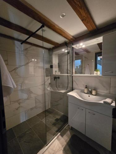 a bathroom with a glass shower and a sink at Villa Adria in Novalja