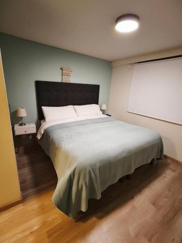a bedroom with a large bed and a white screen at Departamento El refugio in Osorno