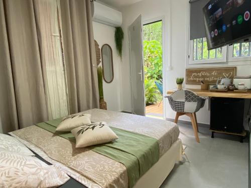 a bedroom with a bed and a desk and a television at L'isménia, Le Loft in Le Gosier