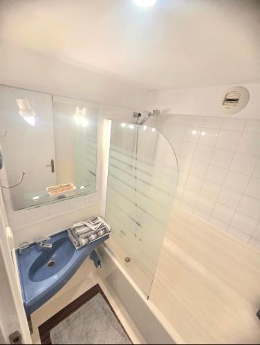 a bathroom with a shower and a blue sink at Studio Luna Rose in Merville