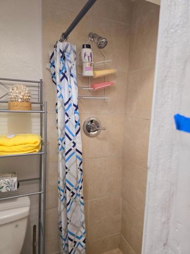 a shower with a shower curtain in a bathroom at Healing Minds Home in Miramar