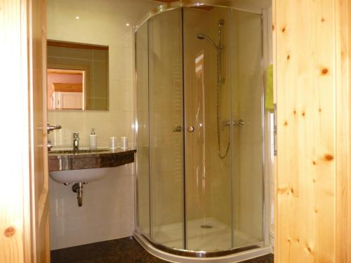 uma casa de banho com um chuveiro e um lavatório. em Ferienwohnung & Pension Brückner em Auma