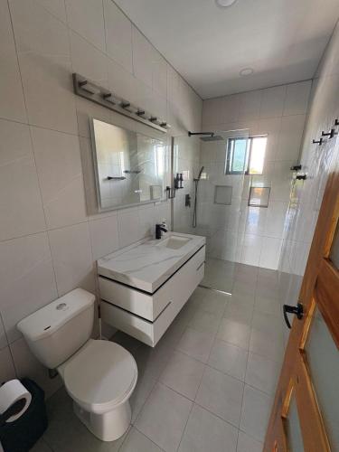 a white bathroom with a toilet and a sink at Suite Seven in Mount Pleasant
