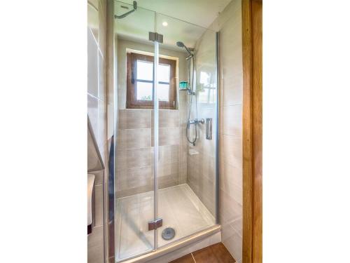 a shower with a glass door in a bathroom at Nature Escape with Pool & Garden Views in Karlovac