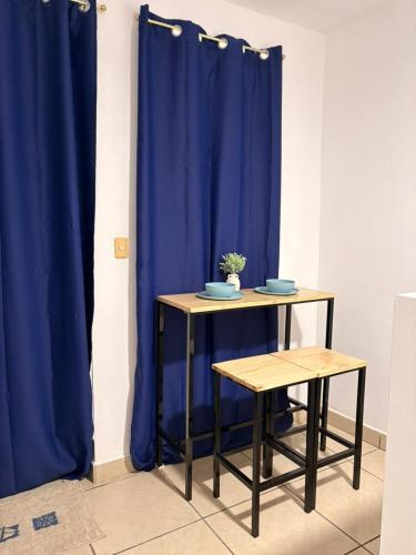 a table with a plant on it next to a blue curtain at Marena paradise, loft escondido,wifi,piscina12 in La Libertad