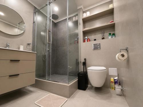 a bathroom with a shower and a toilet at РАДУГА Иссык-Куль in Chon-Sary-Oy