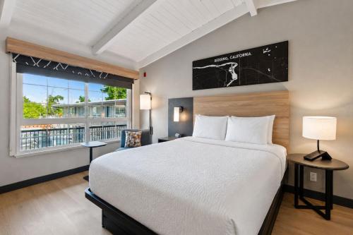 a bedroom with a bed and a large window at Thunderbird Lodge in Redding