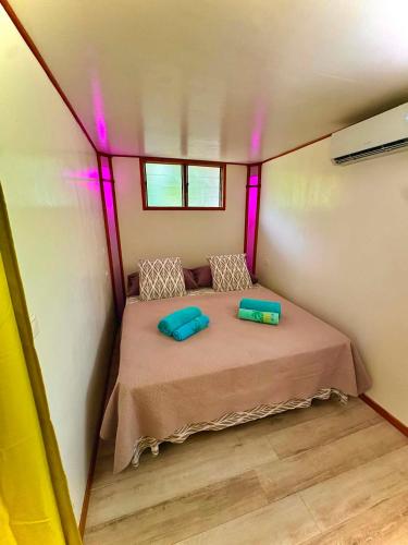 a small bedroom with a bed in a tiny house at Fare Aimeho in Vaianae