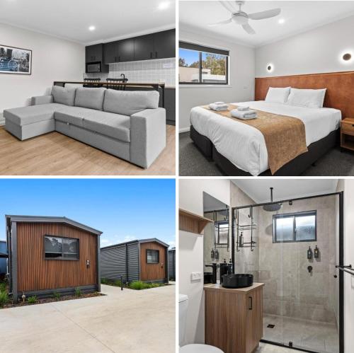 a collage of four pictures of a bedroom and a house at Barooga Hotel in Barooga