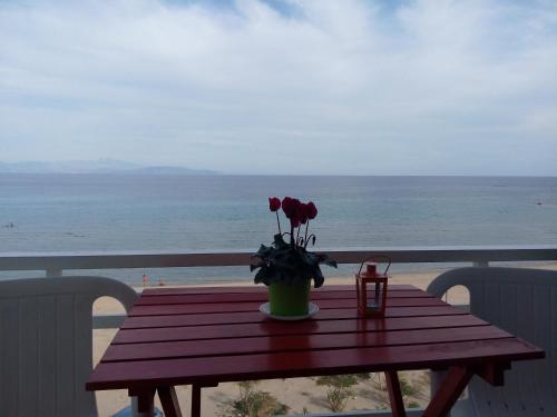 a table with a vase of flowers on a balcony at Apartment Michalis by the Sea in Artemida