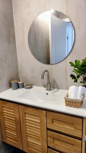 a bathroom with a sink and a mirror at פינה בנחלה in Ma'ale Gamla
