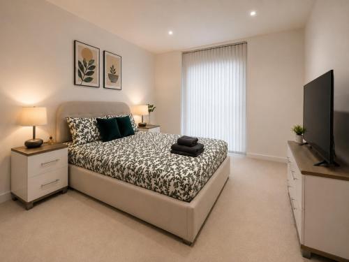 a bedroom with a bed and a flat screen tv at 2 bedroom 2 bath 1 ensuite in Roya Asenal beautiful views & parking in Woolwich