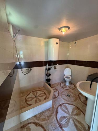 a bathroom with a shower and a toilet and a sink at Madisha's Guesthouse in Mestia