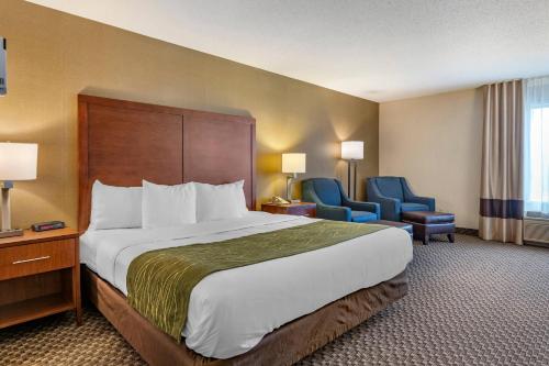 a hotel room with a large bed and two chairs at Comfort Inn Charlotte in Charlotte