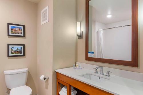 a bathroom with a toilet and a sink and a mirror at Comfort Inn & Suites Charlottesville Hollymead Town Center in Charlottesville
