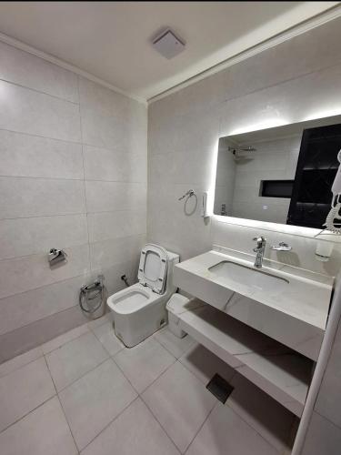 a bathroom with a toilet and a sink and a mirror at إقامة مريحة وممتعة في شارع الاميرات in Baghdād