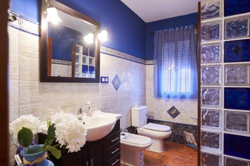 a bathroom with a sink and a toilet and a mirror at La Majailla in Peal de Becerro