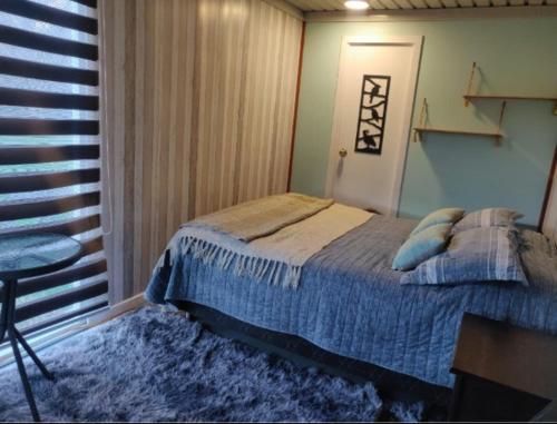 a bedroom with a bed and a desk and a chair at Amanecer Glamping in llifen
