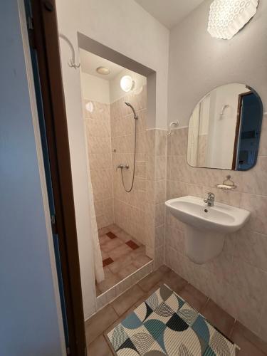 a bathroom with a shower and a sink and a mirror at Ubytování v Jedničce in Hrubá Skála