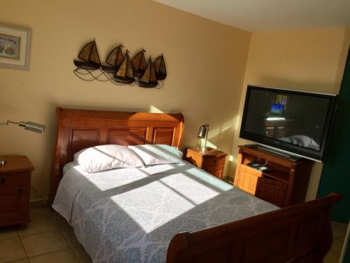 a bedroom with a bed and a flat screen tv at Aquatika Paraíso Tropical in Loiza