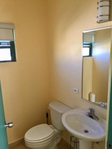 a bathroom with a toilet and a sink and a mirror at Aquatika Paraíso Tropical in Loiza