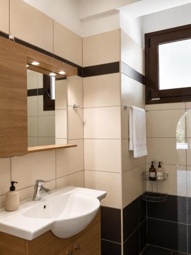 a bathroom with a sink and a mirror at Lina's House in Syvota