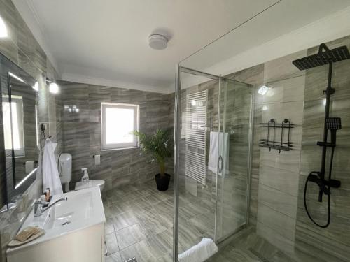 a bathroom with a glass shower and a sink at Chill Garden House in Satu Mare
