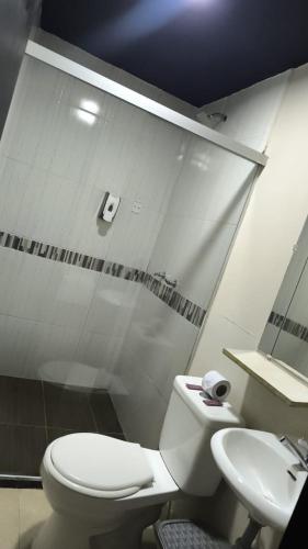 a bathroom with a toilet and a sink at Hotel Aura Nutibara in Medellín