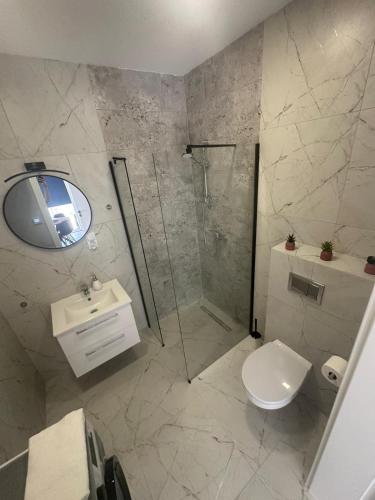 a bathroom with a shower and a toilet and a sink at Olmar Przybrodzin in Przybrodzin