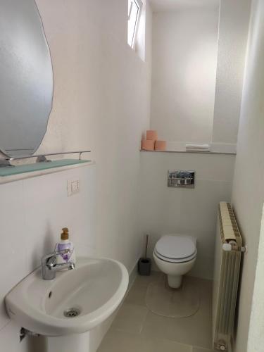 a white bathroom with a sink and a toilet at Green Thuja House in Făgăraş