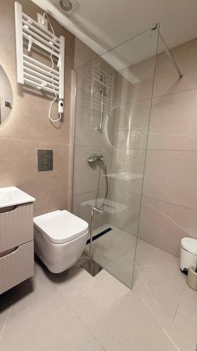 a bathroom with a toilet and a glass shower at La Perla Del Mar APARTAMENT in Torrevieja