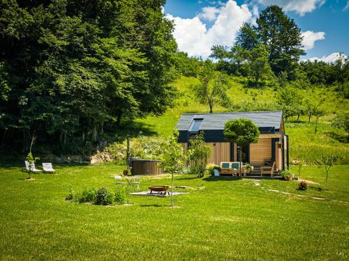 a small cabin in the middle of a green field at Posestvo Brida in Ilirska Bistrica